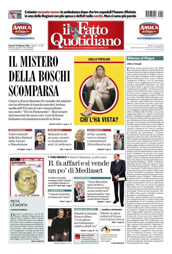 Copertina di venerdì 13 febbraio 2015