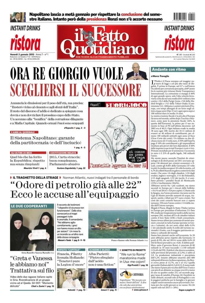 Copertina di venerdì 2 gennaio 2015