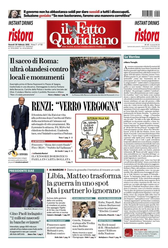 Copertina de Il Fatto Quotidiano di Ven 20 Febbraio 2015
