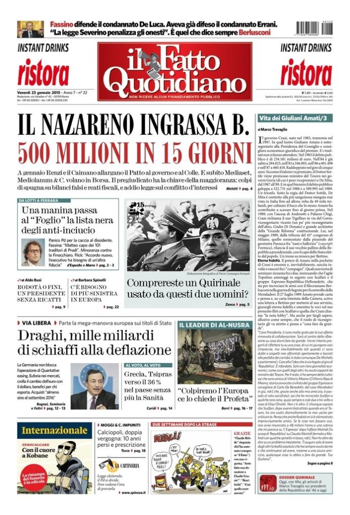 Copertina di venerdì 23 gennaio 2015