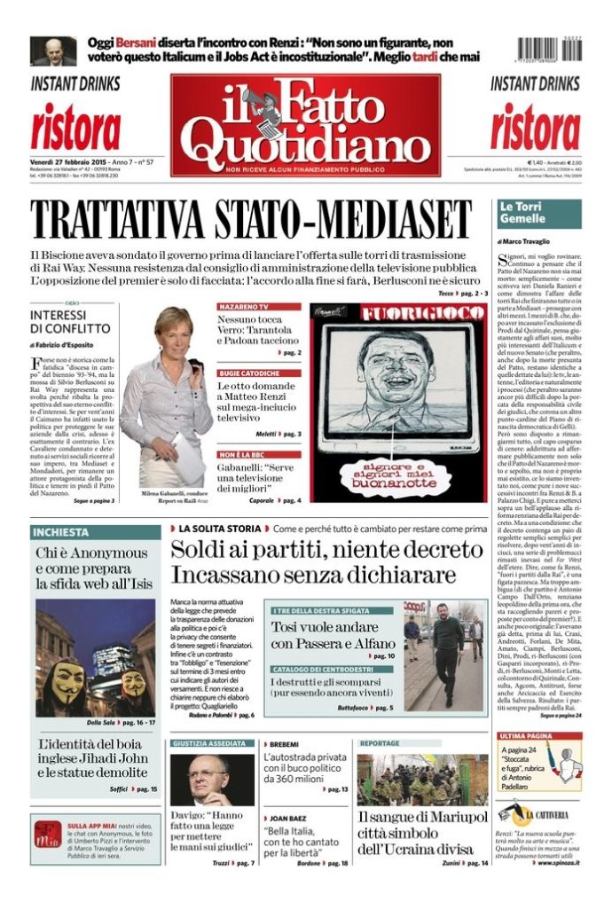 Copertina de Il Fatto Quotidiano di Ven 27 Febbraio 2015