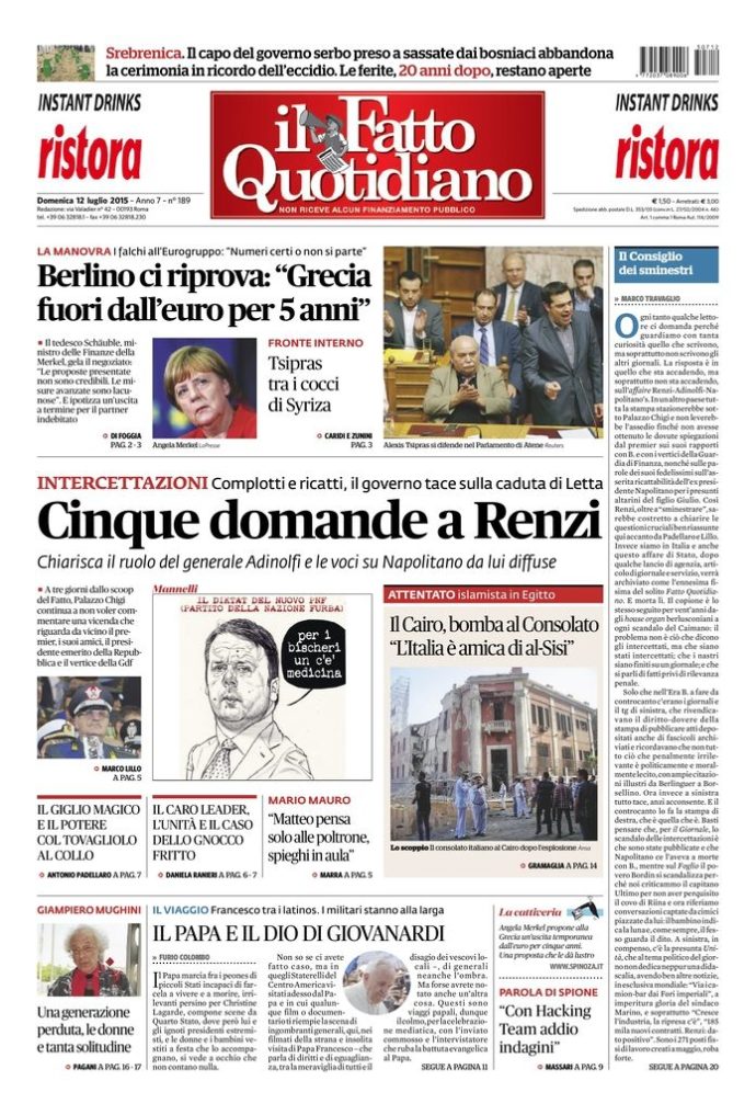 Copertina di domenica 12 luglio 2015