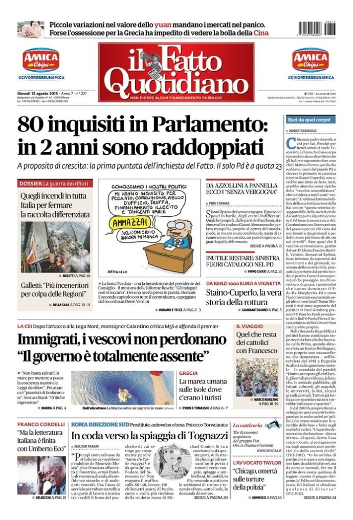 Copertina di giovedì 13 agosto 2015