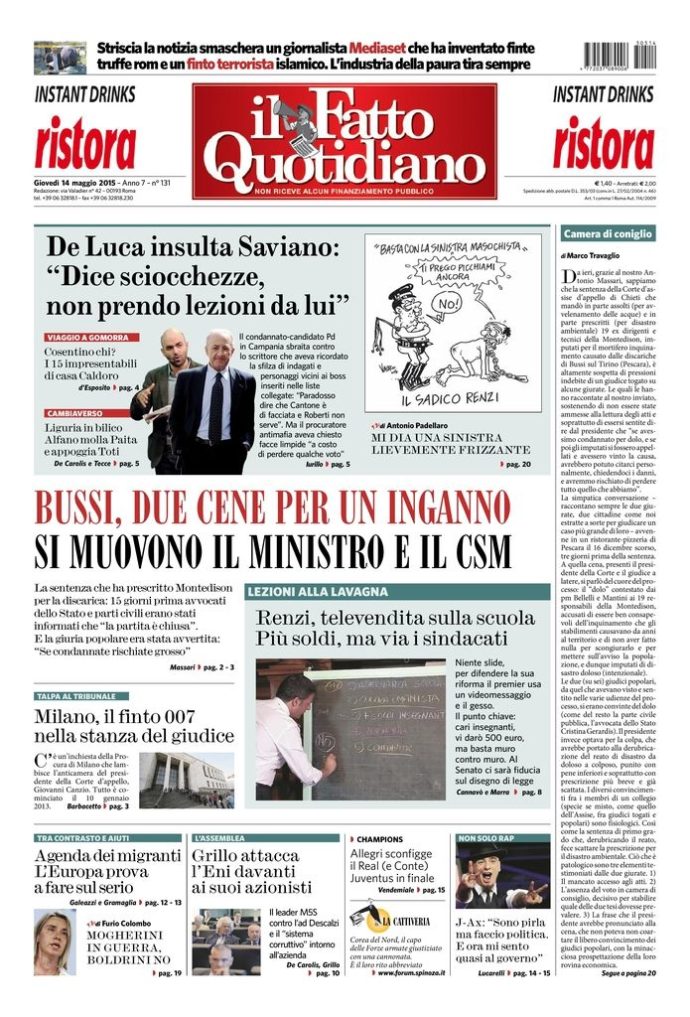 Copertina di giovedì 14 maggio 2015