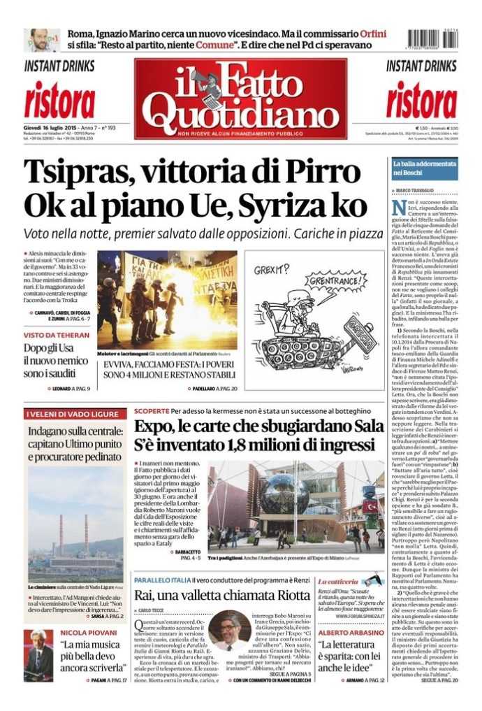 Copertina di giovedì 16 luglio 2015