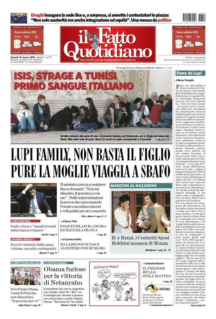 Copertina di giovedì 19 marzo 2015