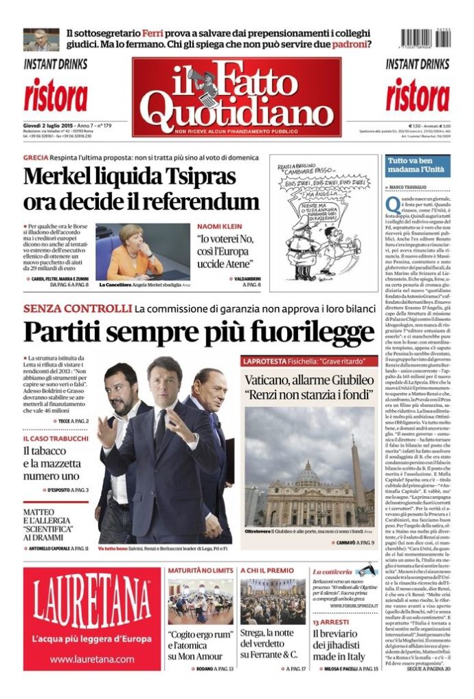 Copertina di giovedì 2 luglio 2015