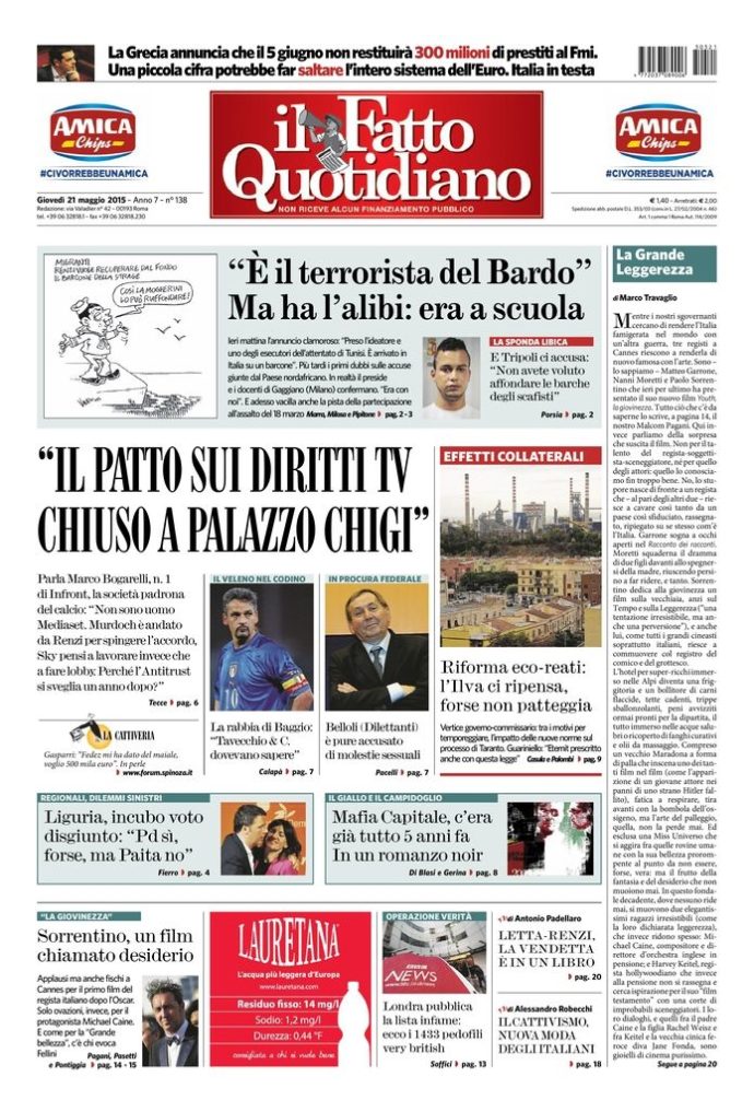 Copertina di giovedì 21 maggio 2015