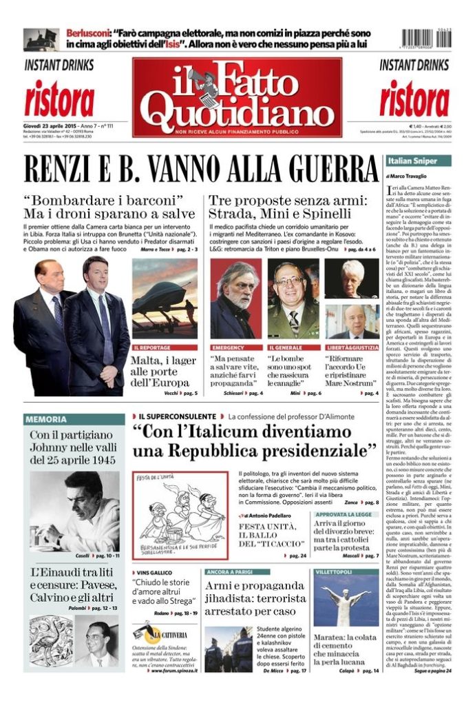 Copertina di giovedì 23 aprile 2015