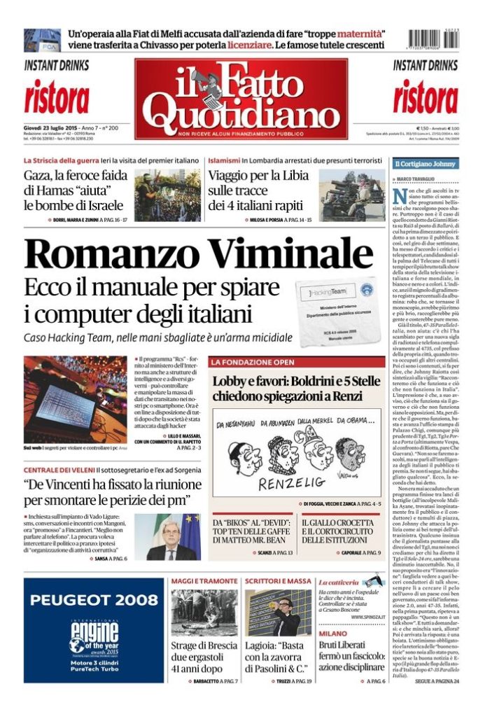 Copertina di giovedì 23 luglio 2015