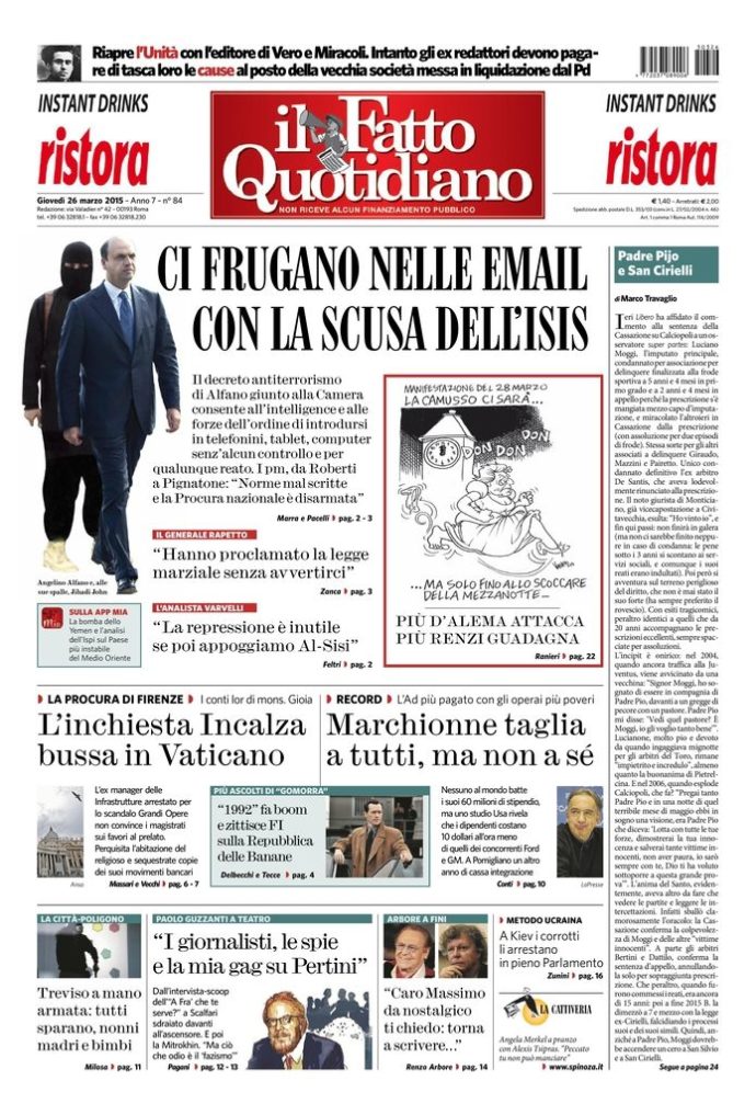 Copertina di giovedì 26 marzo 2015