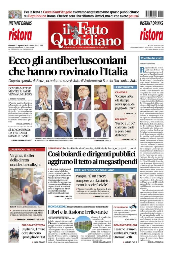 Copertina di giovedì 27 agosto 2015