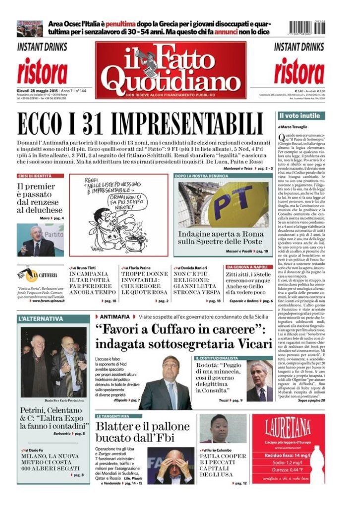 Copertina di giovedì 28 maggio 2015