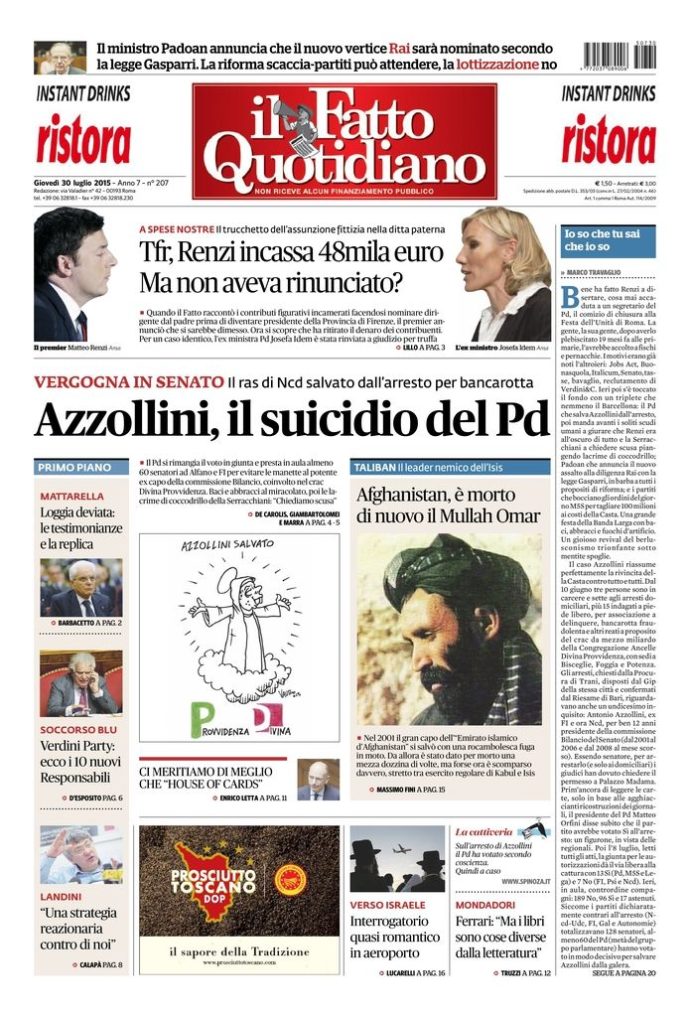 Copertina di giovedì 30 luglio 2015