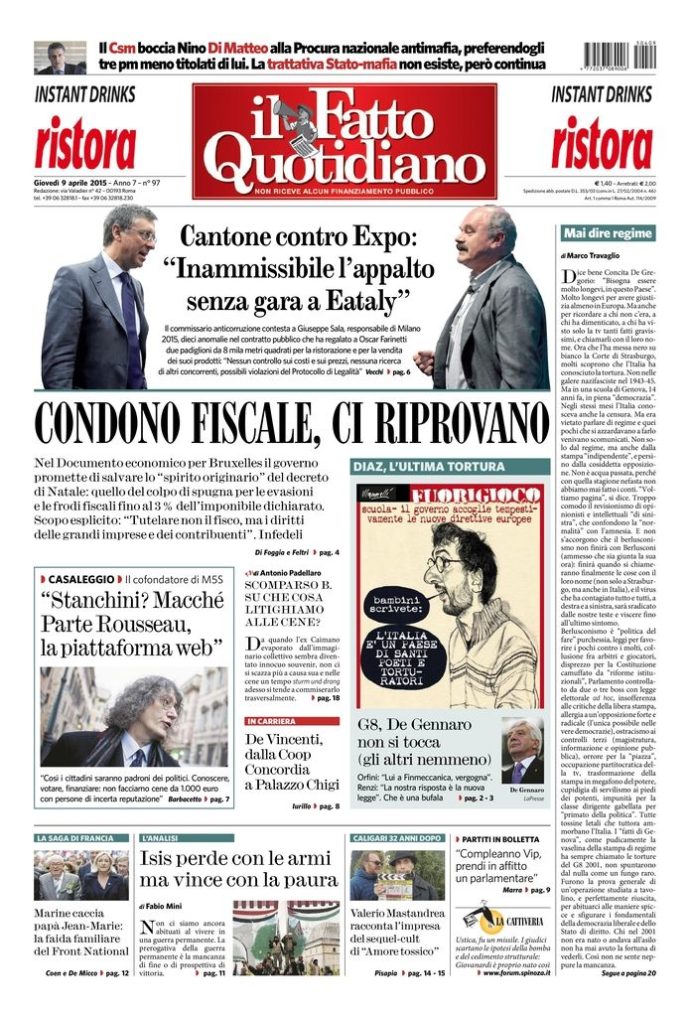 Copertina di giovedì 9 aprile 2015