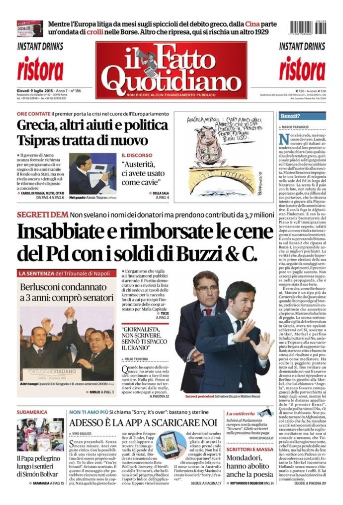 Copertina di giovedì 9 luglio 2015