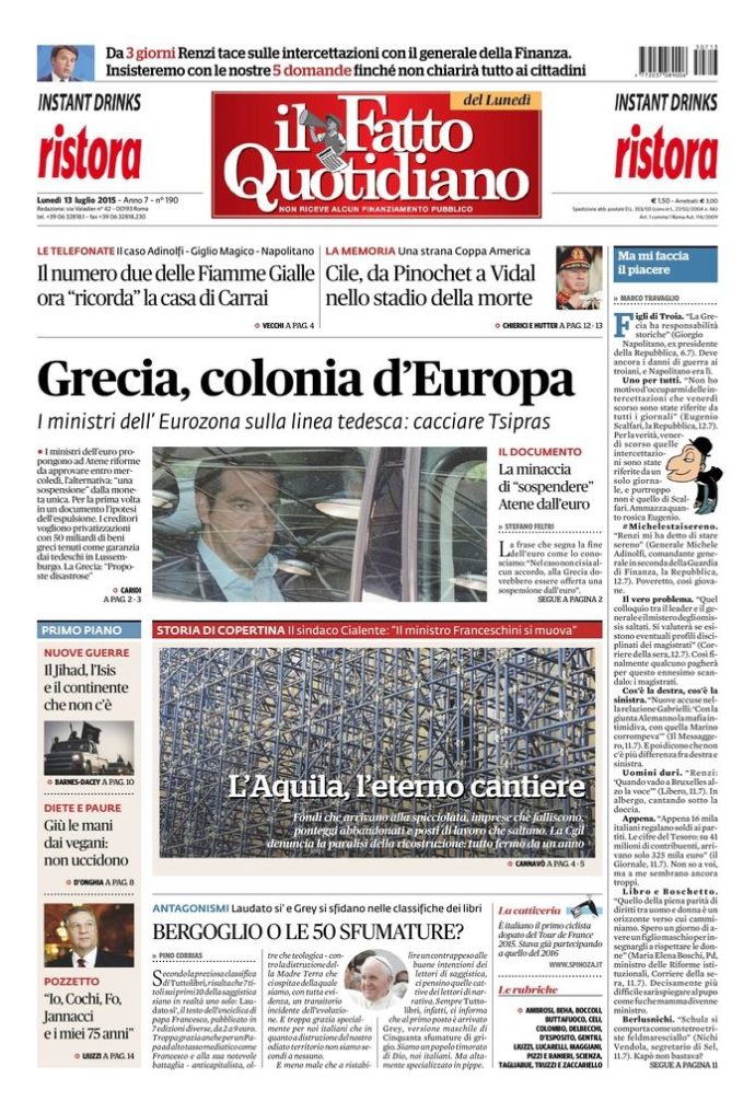 Copertina di lunedì 13 luglio 2015