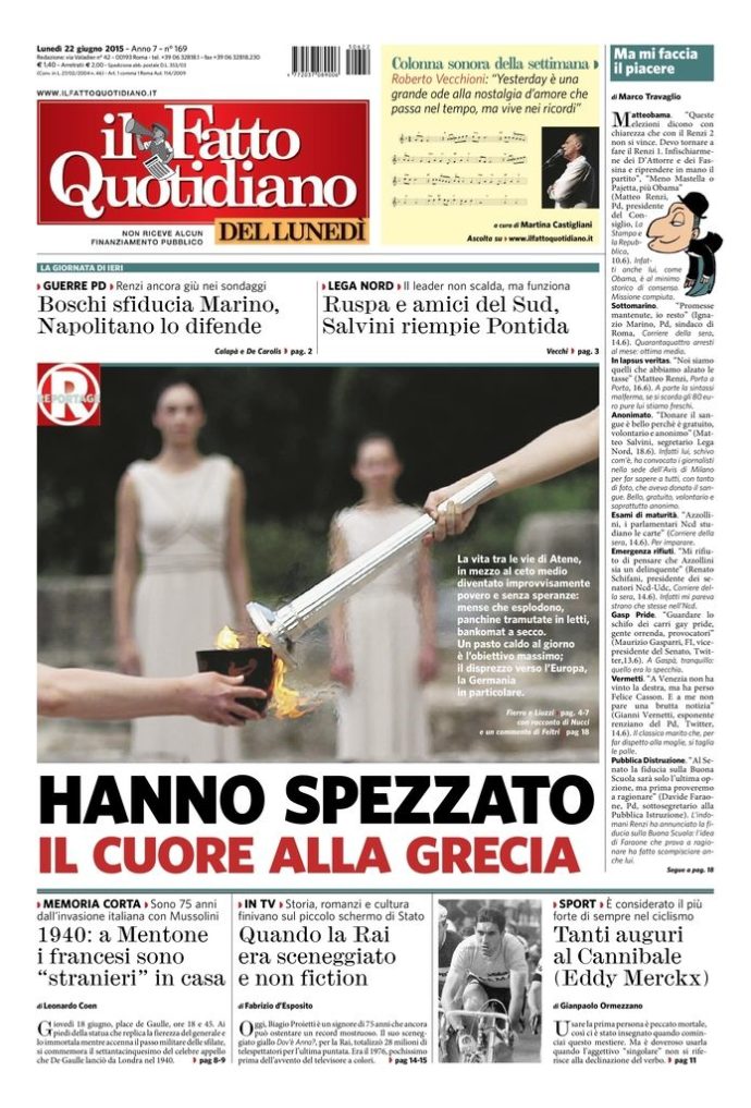 Copertina di lunedì 22 giugno 2015