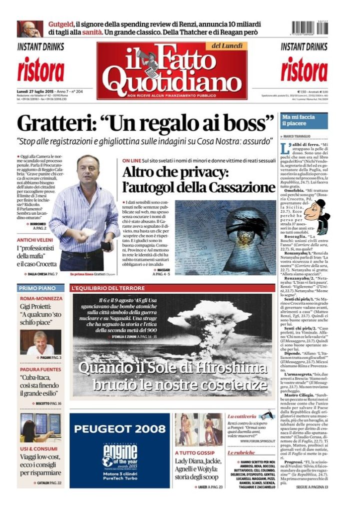 Copertina di lunedì 27 luglio 2015