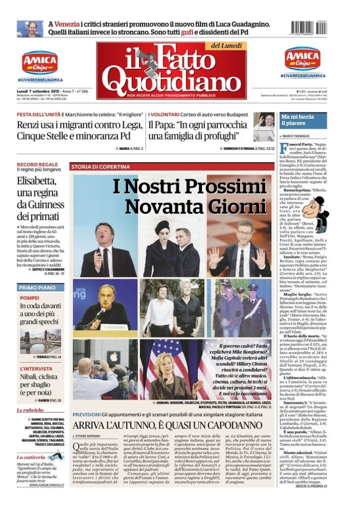 Copertina di lunedì 7 settembre 2015