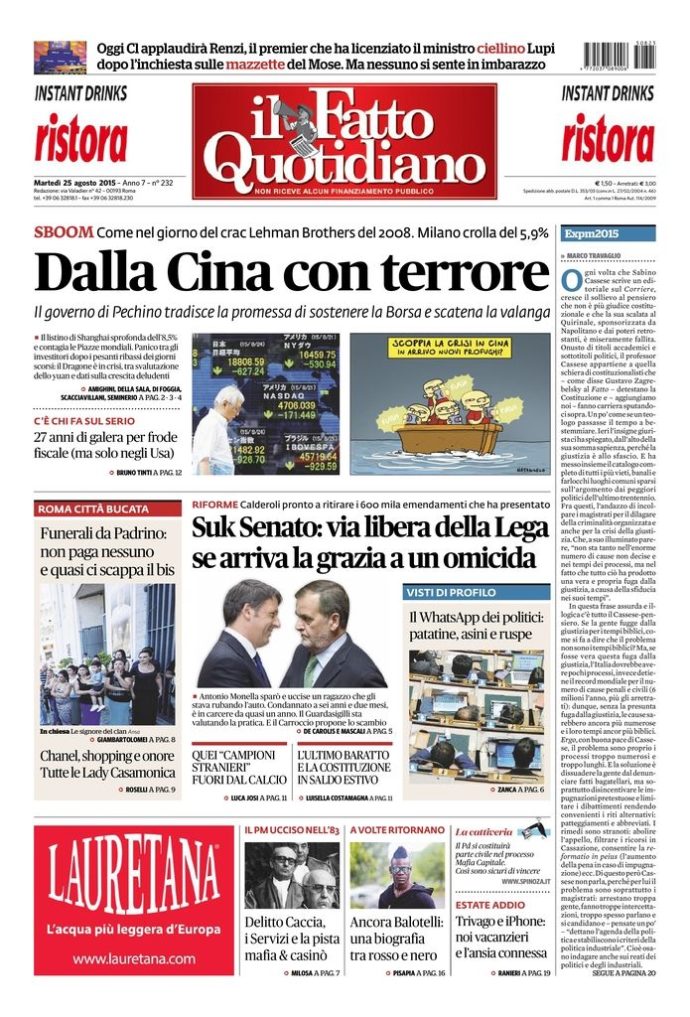 Copertina di martedì 25 agosto 2015