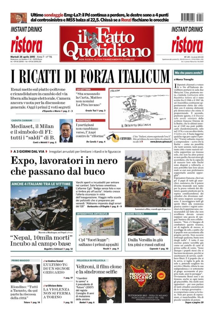 Copertina di martedì 28 aprile 2015