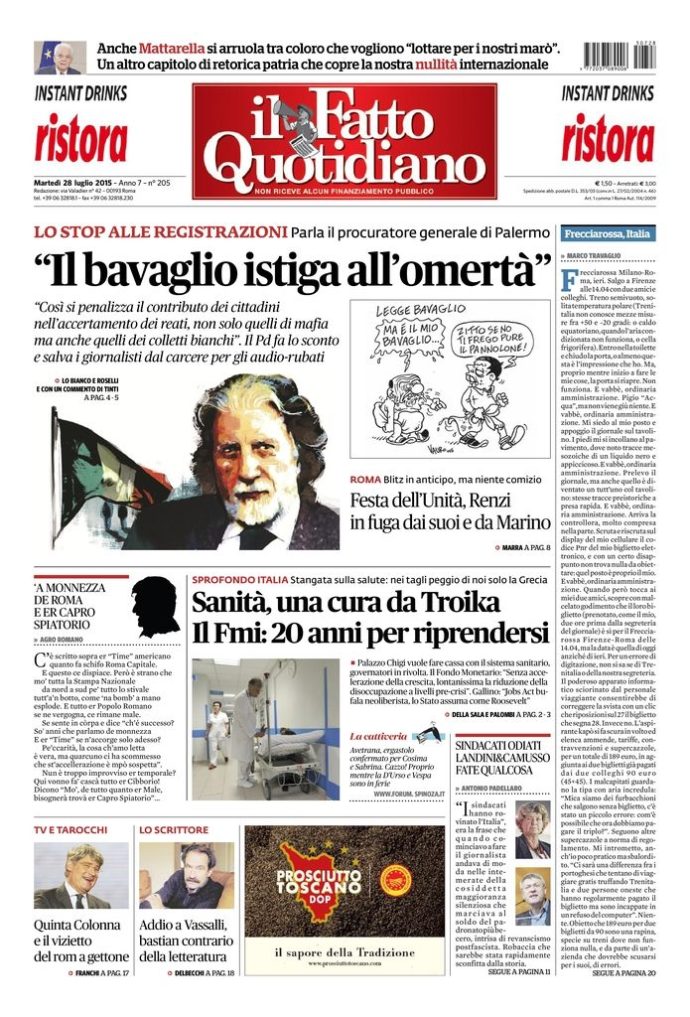 Copertina di martedì 28 luglio 2015