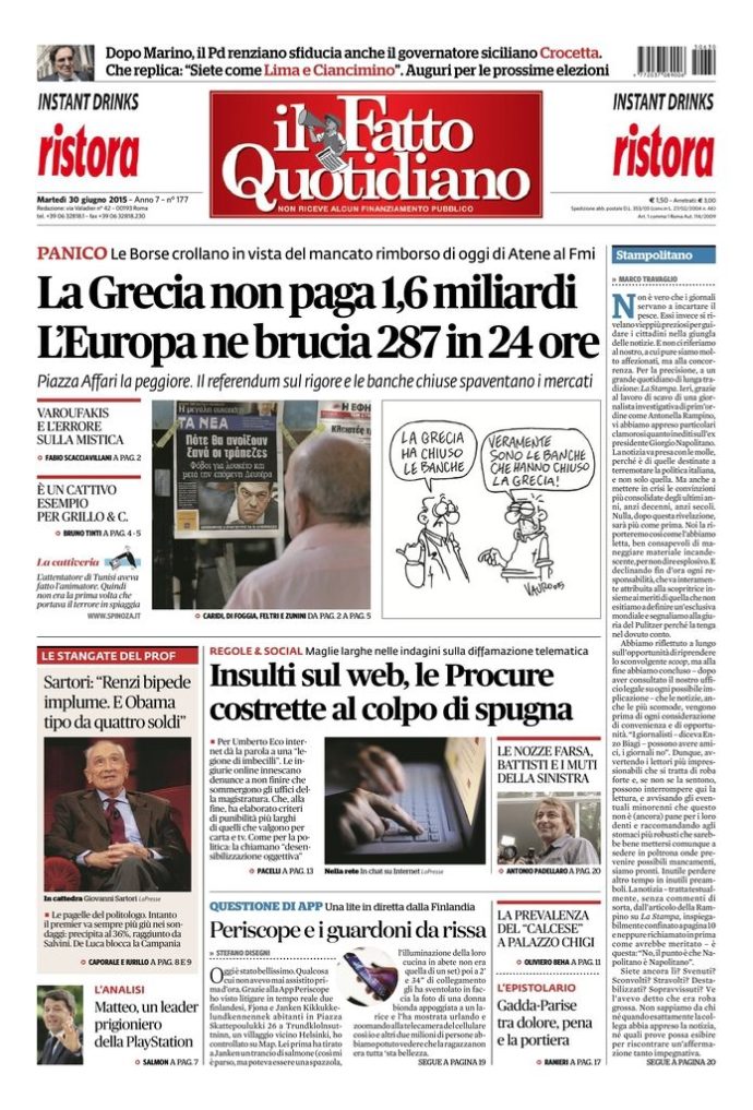 Copertina di martedì 30 giugno 2015