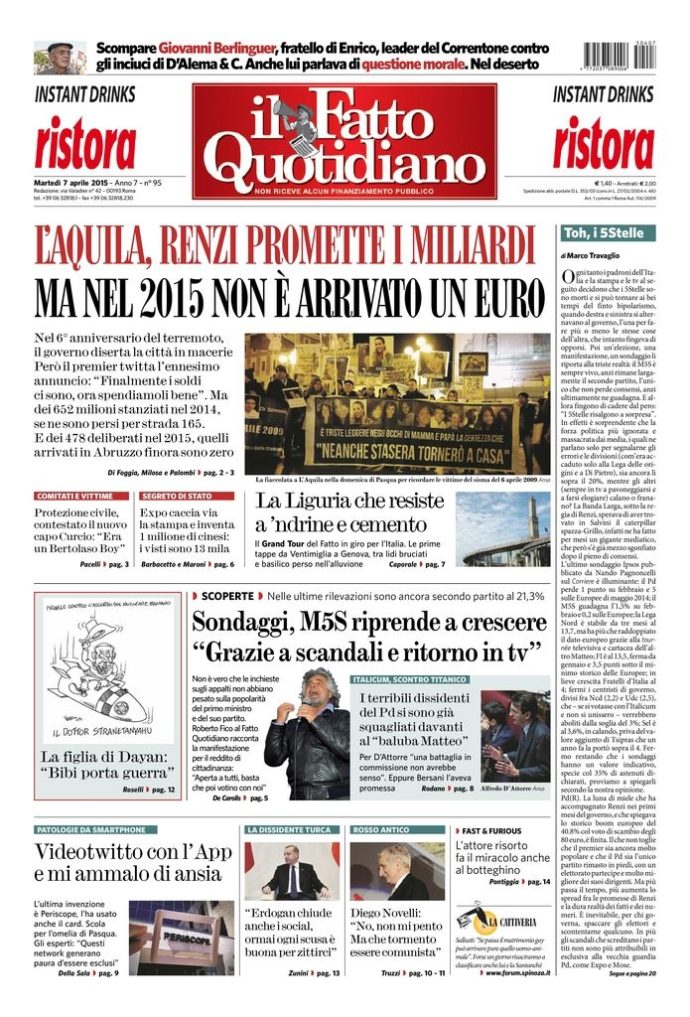 Copertina di martedì 7 aprile 2015