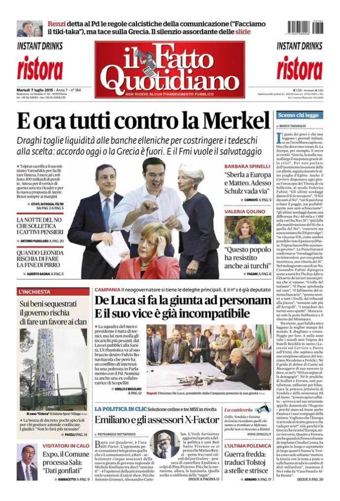 Copertina di martedì 7 luglio 2015