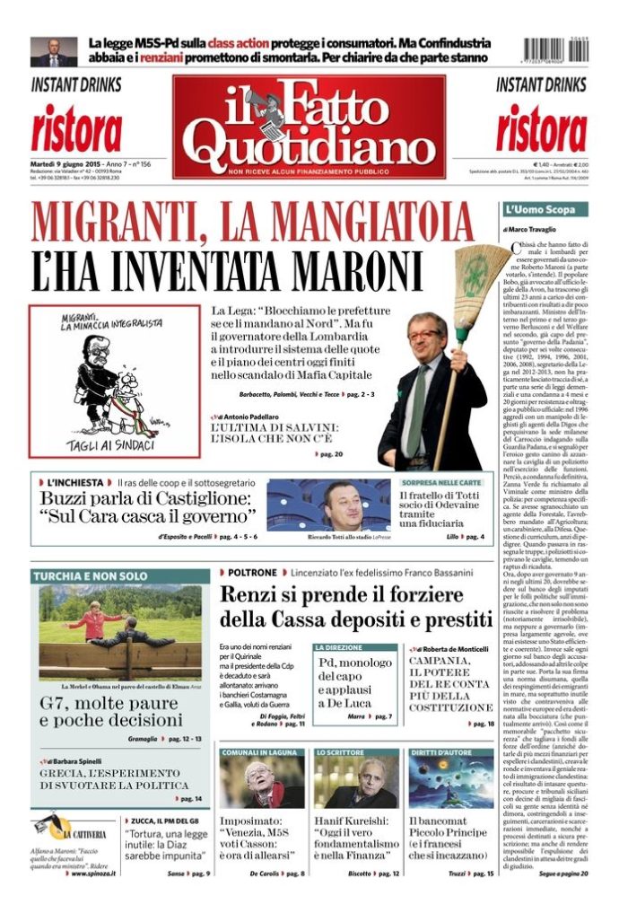 Copertina di martedì 9 giugno 2015