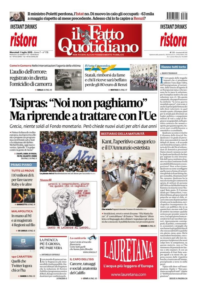 Copertina di mercoledì 1 luglio 2015