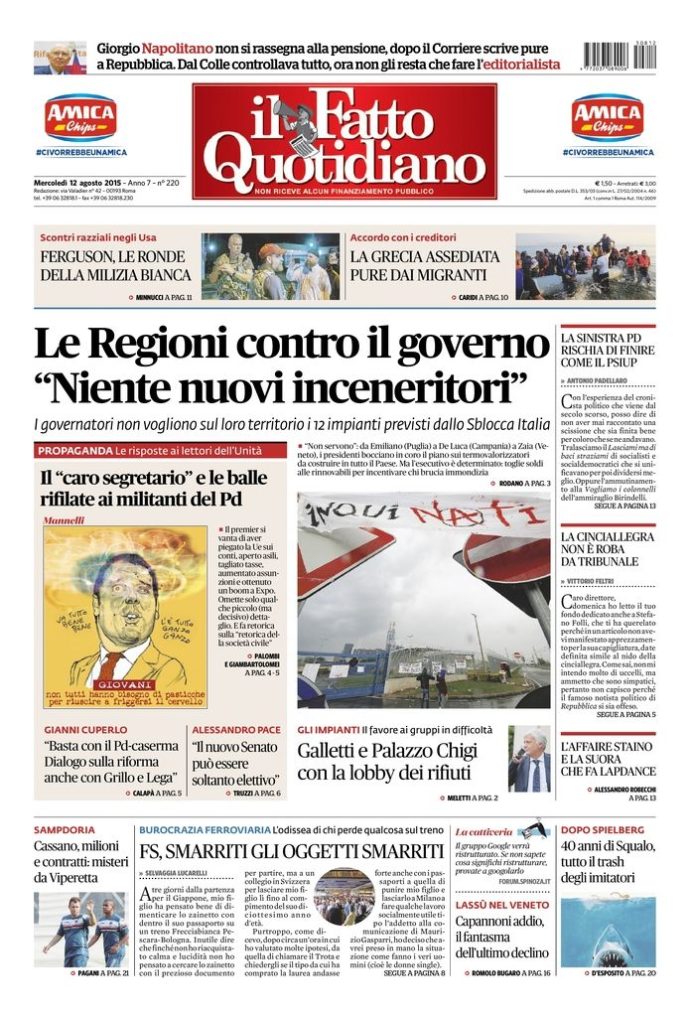 Copertina di mercoledì 12 agosto 2015