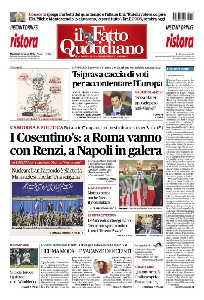 Copertina di mercoledì 15 luglio 2015