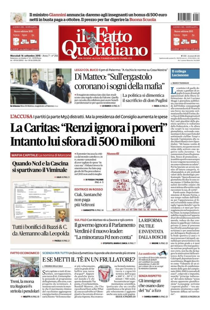 Copertina di mercoledì 16 settembre 2015