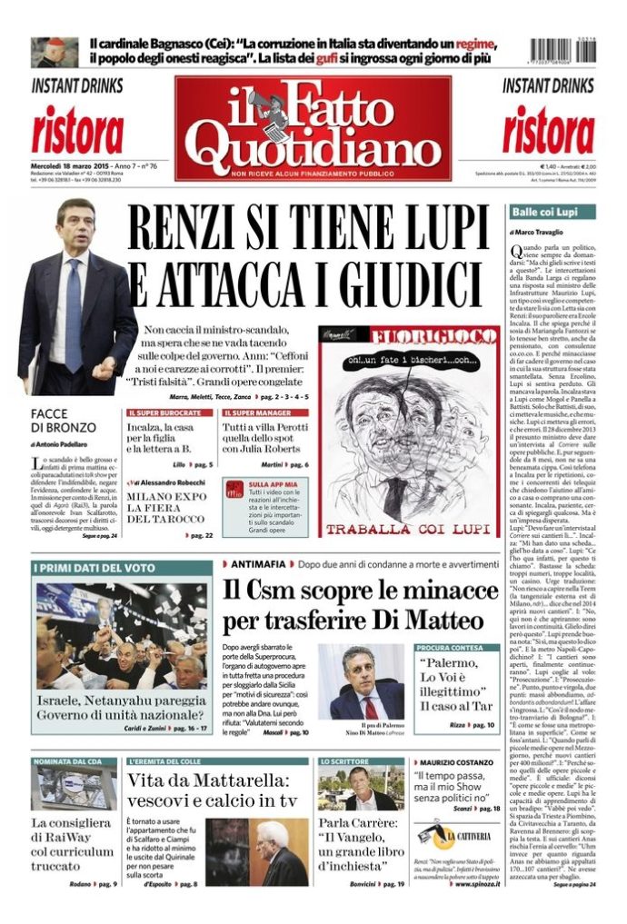 Copertina di mercoledì 18 marzo 2015