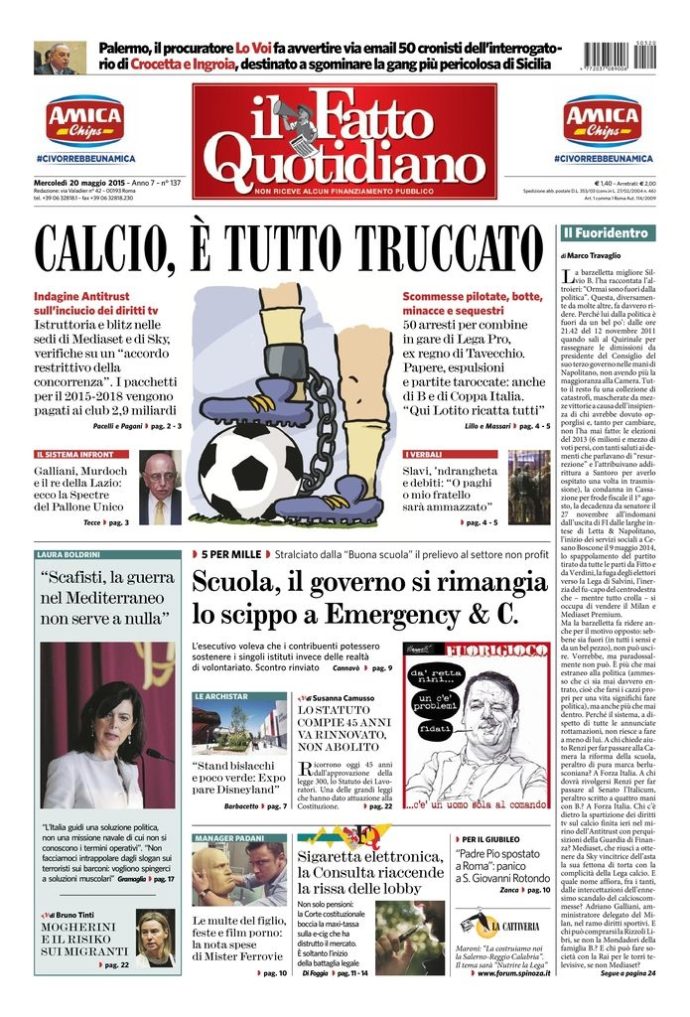 Copertina di mercoledì 20 maggio 2015