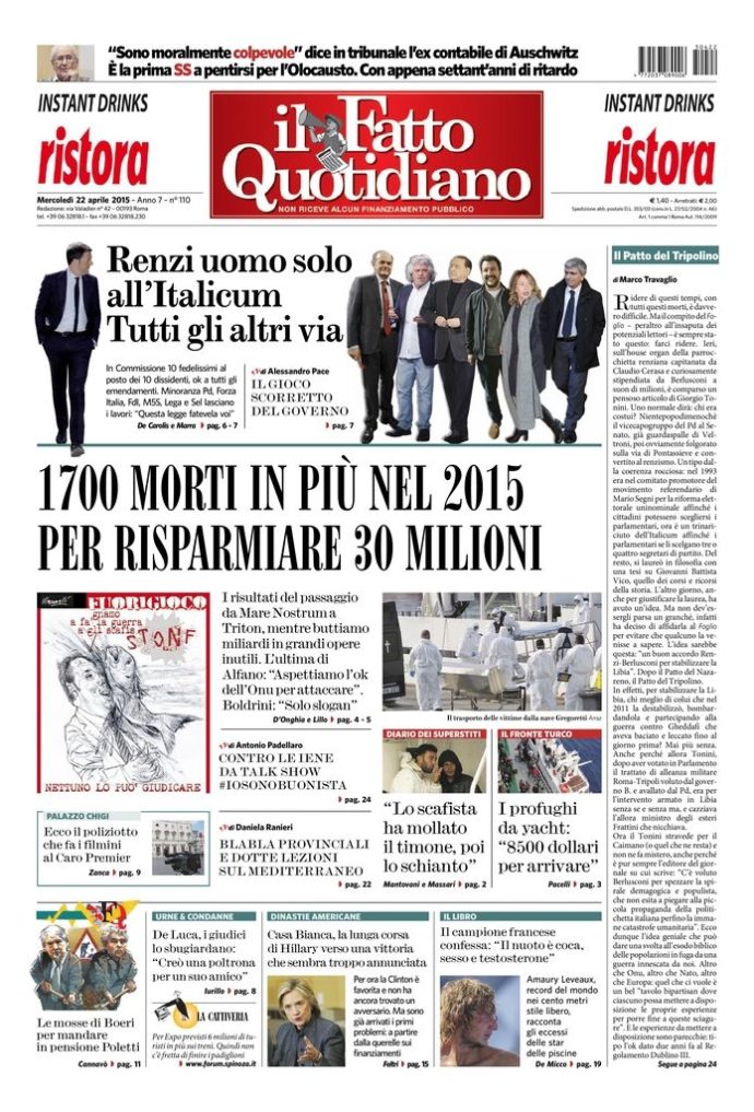 Copertina di mercoledì 22 aprile 2015