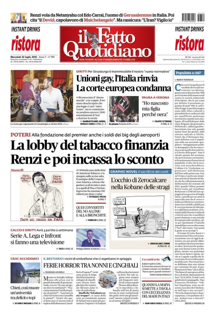 Copertina di mercoledì 22 luglio 2015