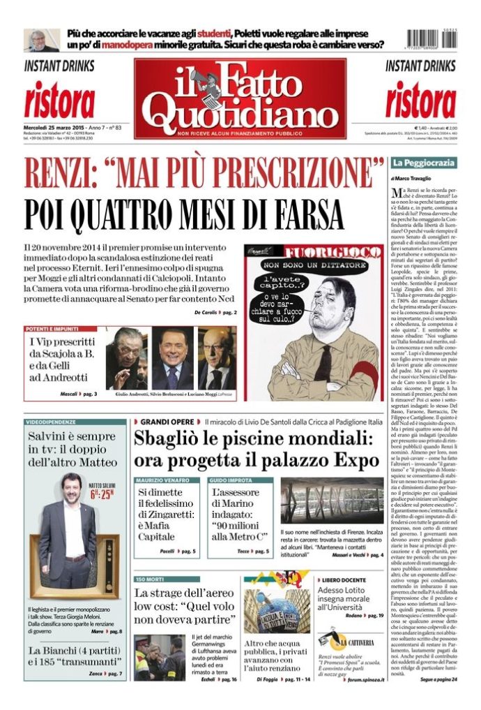 Copertina di mercoledì 25 marzo 2015