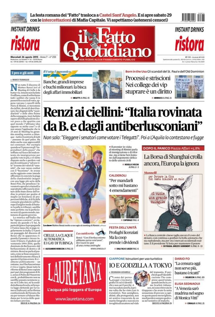 Copertina di mercoledì 26 agosto 2015