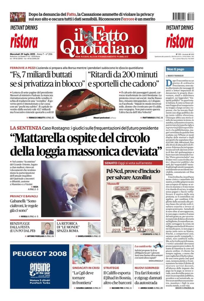 Copertina di mercoledì 29 luglio 2015