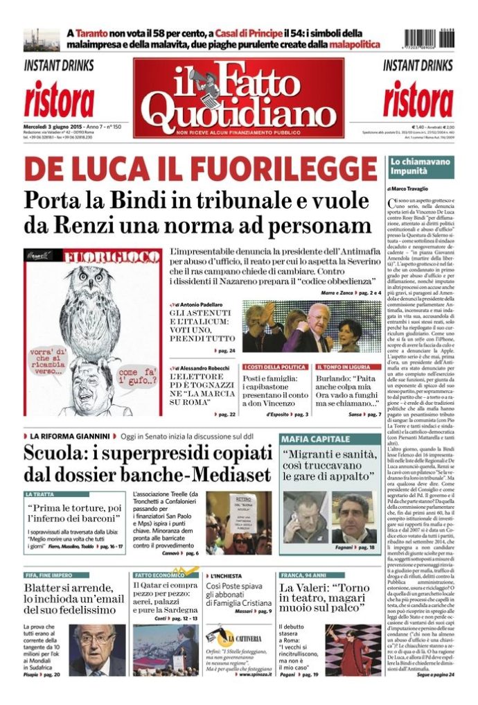 Copertina di mercoledì 3 giugno 2015