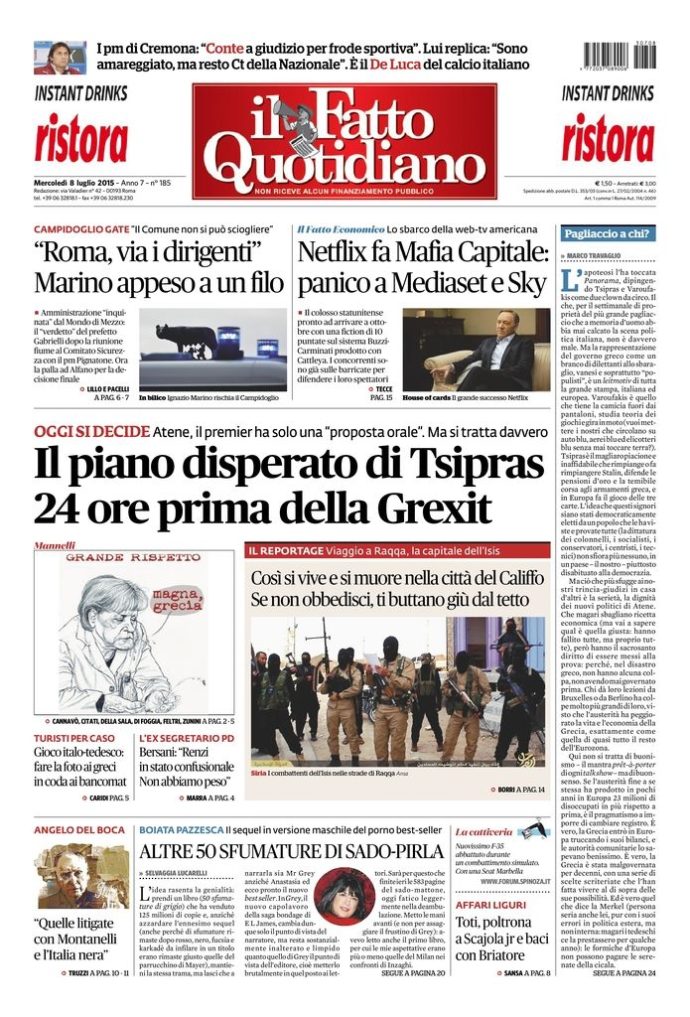 Copertina di mercoledì 8 luglio 2015