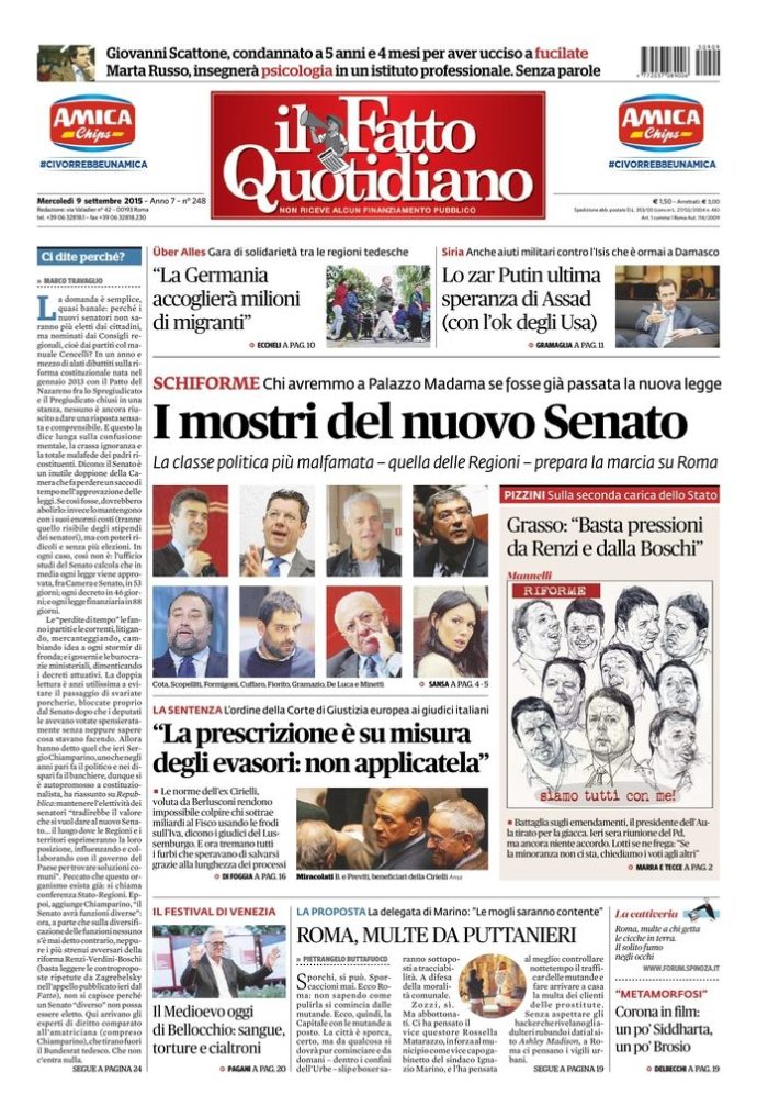 Copertina di mercoledì 9 settembre 2015