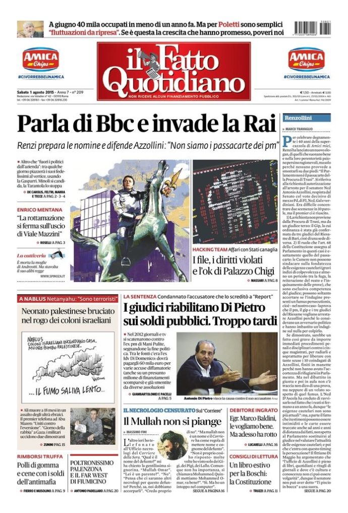 Copertina di sabato 1 agosto 2015