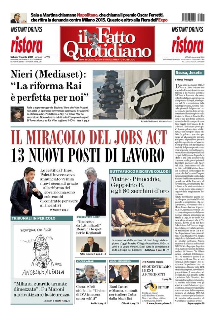 Copertina di sabato 11 aprile 2015