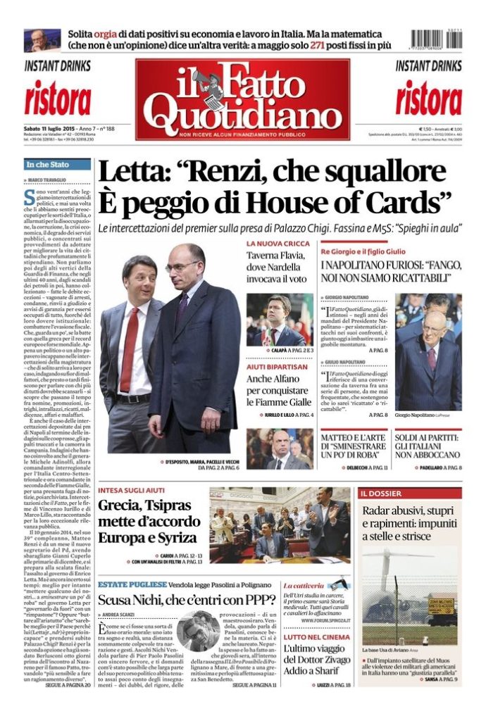 Copertina di sabato 11 luglio 2015