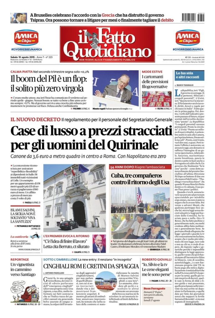 Copertina di sabato 15 agosto 2015