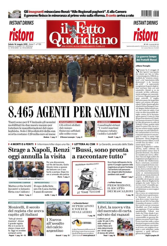 Copertina di sabato 16 maggio 2015